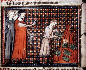 Beeldenstormers gooien miniatuurmanuscripten in het vuur. 14e-eeuws manuscript. door Unknown artist
