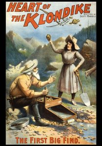 Illustratie van een goudzoeker in de Klondike. Het hart van de Klondike door S. Marble. Poster uit het einde van de 19e eeuw