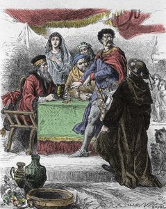 Illustratie voor “Ivanhoe” door Walter Scott (1771-1832), Schotse schrijver: Ivanhoe wordt uitgedaagd door Saksische ridder Brian de Bois Guilbert. door Unknown artist