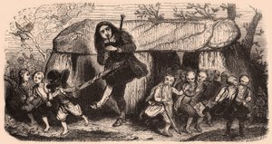Illustratie van een legende naar Bretonse tradities: de Lao doedelzakspeler en kabouters die dansen voor een dolmen