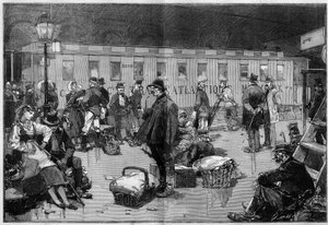Immigratie. Vertrek van emigranten in Europa naar de Verenigde Staten van Amerika: Speciale wagon van de General Transatlantic Company van de grenzen van Duitsland en Zwitserland naar Havre waar passagiers zullen inschepen voor New York. Gravure in "Le Mon door Unknown artist