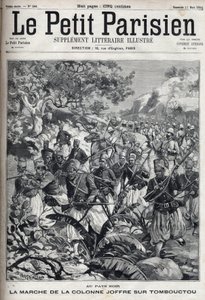 In de Franse koloniën: de mars van de colonne van generaal Joseph Joffre (1852-1931) en zijn leger van spahis naar Timboektoe (Mali). Gravure in 