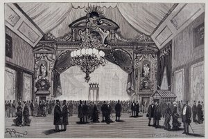 Gloeilampverlichting op de Electriciteitstentoonstelling: de Werdermann-kroonluchter in de theaterzaal - in 
