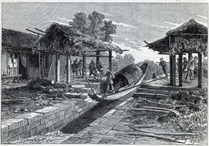 Hellend vlak voor boten in Ning-Po (of Ning Po in China). Gravure in 