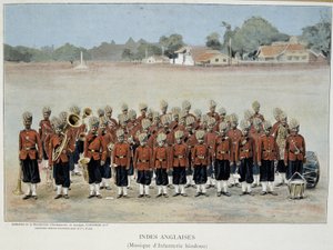 Infanterieband van de Engelse Indië - gravure, eind 19e eeuw