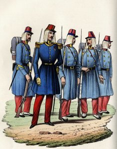 Infanterie van het Franse leger van Afrika; officier, onderofficier en soldaten in Algerije in 1830. In 