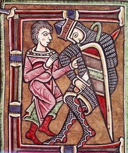 Initiaal letter E met David en Uria, echtgenoot van Bathseba (miniatuur) door Unknown artist