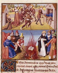 Inquisitie: Autodafe voorgezeten door Sint Dominicus de Guzman (1170-1221), stichter van de Dominicaanse Orde. Miniatuur in 