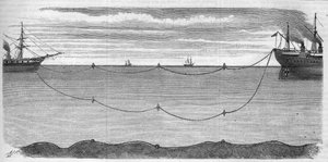Installatie van de transatlantische elektrische kabel bedoeld om Europa met Amerika te verbinden in 1865. Boeiensysteem gebruikt om te voorkomen dat de elektrische kabel breekt tijdens de installatie. Het schip dat verantwoordelijk was voor de operatie was