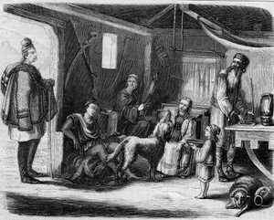 Interieur van een Servisch boerenhuis in de buurt van Belgrado in 1859.