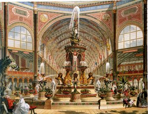 Interieur van het Crystal Palace tijdens de Internationale Tentoonstelling van 1862. Majolica fontein door Minton. Chromolithografie