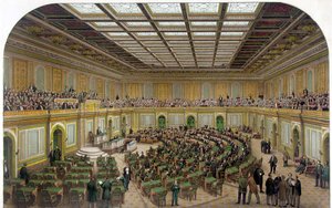 Interieur van het Huis van Afgevaardigden van het Amerikaanse Capitool met het Congres in zitting en de toeschouwers in de galerij - Gravure 1866 door Unknown artist