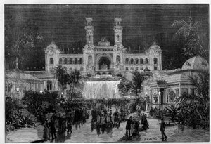 Internationale Tentoonstelling van Nice: het paleis van de tentoonstelling verlicht met elektrisch licht. Gravure in "Le Monde Illustré"