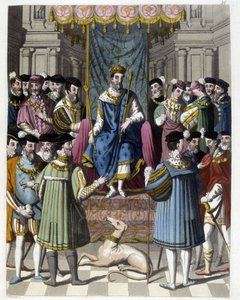 Interview met Frans I (1494 - 1547) en Hendrik VIII (1491 - 1547) van Engeland. Gravure van de 19e eeuw. door Unknown artist