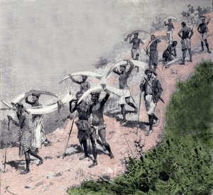 Ivoorhandel: karavaan van Congolese dragers dragen olifantstanden. Gravure uit de 19e eeuw
