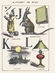 J K L: jongleur, kangoeroe, boek, maan, lamp door Unknown artist