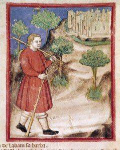 Jakob gaat naar Laban in Mesopotamië Miniatuur uit codex 212 (of padovano of Bijbel van Padua) 1390-1400 Rovigo, Accademia dei Concordi