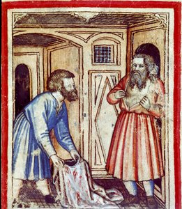 Jacob verneemt de dood van zijn zoon Jozef, verkocht door zijn broers aan de Egyptenaren Miniatuur uit codex 212 (of padovano codice of Bijbel van Padua) 1390-1400 Rovigo, Accademia dei Concordi door Unknown artist