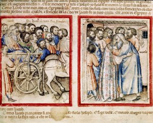 Jakobs vertrek naar Egypte en zijn hereniging met zijn zoon Jozef. Miniatuur uit codex 212 (of padovano codice of Bijbel van Padua). 1390-1400. Rovigo, Accademia dei Concordi