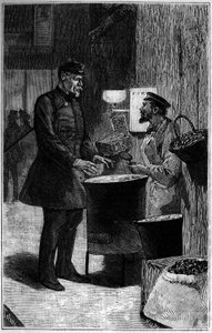Jacques Gaudry bij een kastanjehandelaar. Gravure in 