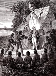 James Cook met de inboorlingen van het eiland Sandwich door Unknown artist