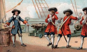 Jean Bart (1650-1702), Franse marinecommandant en kaper, dreigt zijn schip op te blazen - De kaper Jean Bart (1650-1702) dreigt een Engelse kaper die hem gevangen nam door zijn schip op te blazen door een vat buskruit in brand te steken door Unknown artist