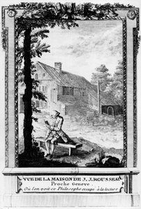 Jean Jacques Rousseau (1712-1778), Franstalige Geneefse schrijver en filosoof; gezien vanuit zijn huis (bij Genève). door Unknown artist