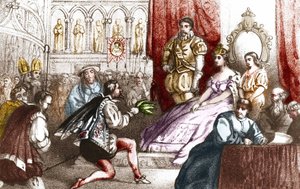 Jean Nicot presenteert de tabaksplant aan Catherine de Medici en aan de Grootprior van het Huis van Lotharingen. 16e eeuw. Gravure uit de 19e eeuw door Unknown artist