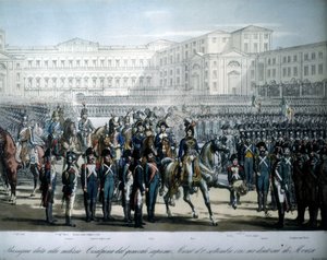 Joachim Murat (1767-1815), benoemd tot Maarschalk van Frankrijk en Koning van Napels door Napoleon, inspecteert de troepen van de Cisalpijnse Republiek