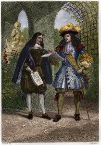 Jean-Baptiste Colbert (1619-1683) met Lodewijk XIV, koning van Frankrijk en Navarra (1638-1715). Gravure uit de 19e eeuw. Privécollectie. door Unknown artist