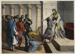 Jozef de Patriarch, benoemd tot vizier van Egypte, wordt herkend door zijn broers die hem deden geloven in zijn dood en om vergeving vragen. Anonieme gravure uit de 19e eeuw.