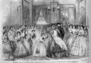 Reis van keizer Napoleon III (1808-1873) en zijn vrouw Eugenie de Montijo (1826-1920) naar de hertog van Savoye na de annexatie van het graafschap Savoye (Maart Turijn Verdrag): hier ontmoet het keizerlijk paar in Grenoble jonge meisjes die kwamen om te pr