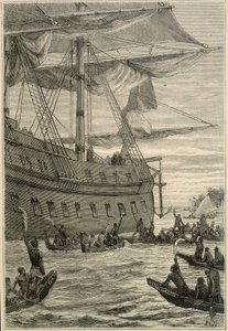 Reis van Samuel Wallis (1728-1795) naar Polynesië: inheemse mensen met bananentakken in de hand als welkomstgroet - illustratie uit "De Grote Zeevaarders van de 18e eeuw"