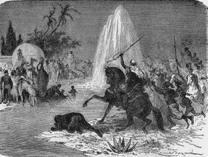 Vreugde van de Arabieren bij het zien van het water uit de Artesische bron van Sidi-Rached, gesmeed door de Fransen, in de Sahara-woestijn. In 