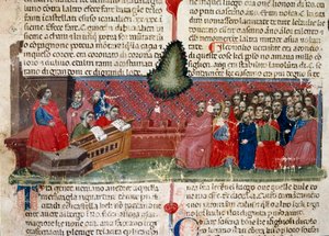 Julius Caesar (101-44 v.Chr.) op de troon Detail van een manuscriptpagina 