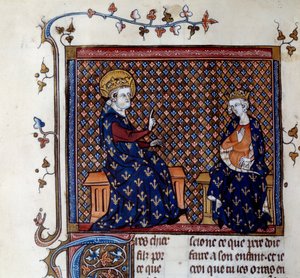 Koning Lodewijk IX (1214-1270) leert de meester van de koning aan zijn zoon, de toekomstige Filips III. Miniatuur uit een 14e-eeuws manuscript. Chantilly, Conde Museum door Unknown artist