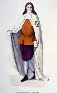 Ridder van de Orde van Alcantara, religieuze en militaire orde opgericht in 1156 onder de naam Orde van San Julian del Pereiro, naar het voorbeeld van de Tempeliers, om de Moren te bestrijden. 19e eeuwse gravure, privécollectie, Milaan
