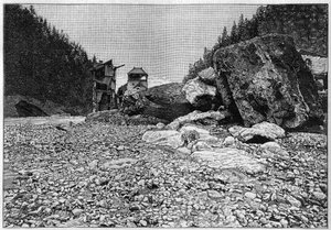 De ramp van Saint-Gervais (Saint Gervais) of ramp van de gletsjer van de Tete Rousse (departement Haute-Savoie) (12-13 juli 1892) - Bains de Saint-Gervais na de ramp met de enorme blokken vervoerd door de stroom, Gravure in 