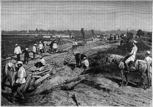Het leggen van de rails van de Trans-Kaspische spoorweg. Gravure in het tijdschrift 