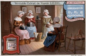 Kantwerkplaats, Valenciennes, Liebig reclame ca. 1895 door Unknown artist