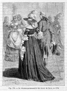 Dames van Parijs met bliksemafleiderhoed 1778 - gravure door Unknown artist