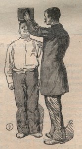 De gerechtelijke antropometrie of bertillonage, methode van Alphonse Bertillon (1853-1914): meting van de lengte - Gravure in 