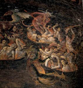 Laatste oordeel: de verdoemden naar de Onderwereld gekweld door demonische wezens. Detail van een fresco 1474-1484. Kathedraal Sainte Cecile in Albi.