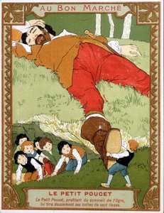 Le Petite Poucet trekt zijn zevenmijlslaarzen uit bij de slapende reus - Bon Marché reclame-etiket, eind 19e eeuw door Unknown artist