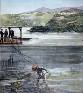 De duiker Paolo Pardi werkend aan de Romeinse schepen in het meer van Nemi met de Siebe duikuitrusting in 1893 door Unknown artist