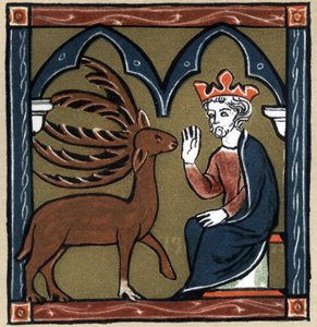 Arthurlegende: Merlin verandert in een hert en bezoekt Julius Caesar. In 