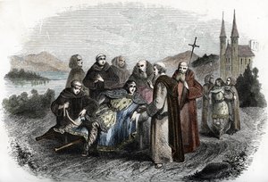 Legende van de enerves van Jumieges: de twee zonen van Merovingische koning Clovis II, gestraft voor opstand tegen hun vader, worden opgevangen door de monniken van de Abdij van Jumieges, nabij Rouen, ca. 660 door Unknown artist