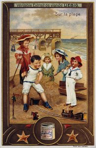 Leibig kaart met Franse kinderen op het strand 1890 door Unknown artist