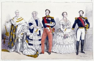 De Bourbons en het Keizerrijk: Karel X (1757-1836), Marie Amelie de Bourbon Sicilië (1782-1866) en Lodewijk Filips I (1773-1850), Eugenie de Montijo (1826-1920) Napoleon III (1808-1873) - Plaat uit Koningen en Koninginnen van Frankrijk in prenten, Parijs, 