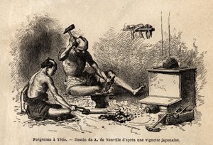 Smeden voor hun smidse in Yedo (of Edo, keizerlijke hoofdstad, het huidige Tokio). Gravure ter illustratie van de reis naar Japan, in 1863-1864, door Aimé Humbert, minister van de Zwitserse Confederatie, in 